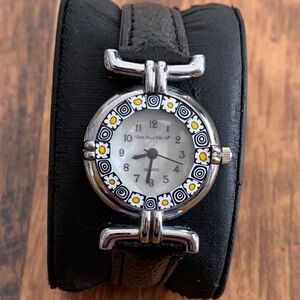 Uno Alla Volta  Watch Women Silver Black MOP Dial Murano Glass New Battery 9”